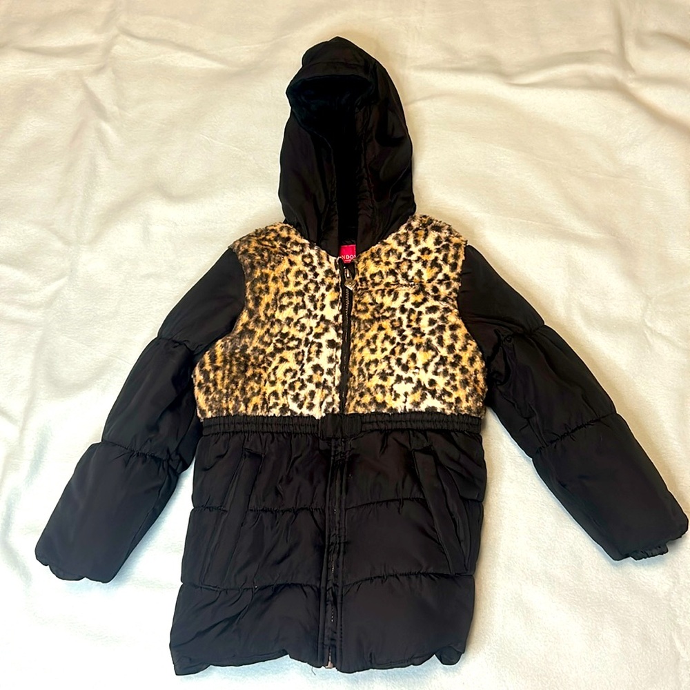 London Fog Girl Jacket Large/ 6x Black With Leopard Print
